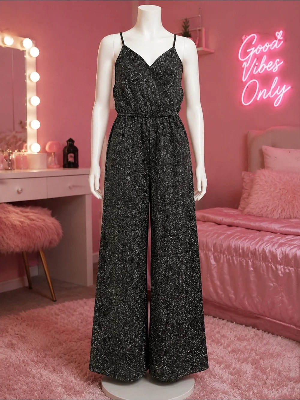 SHEIN Black Sparkle Wide-Leg Glitter Jumpsuit Usa 11-12 yr old  New